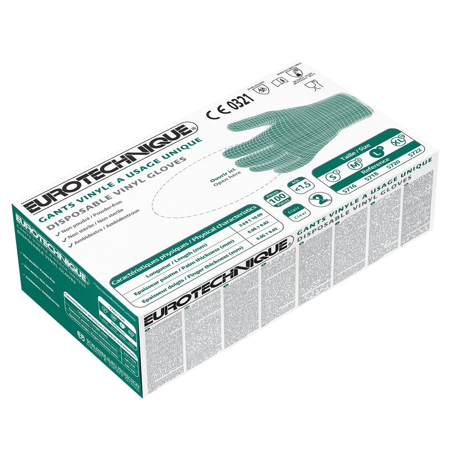 EUROTECHNIQUE 5716...5722 Single Use Vinyl Gloves Powder Free, 100 pcs